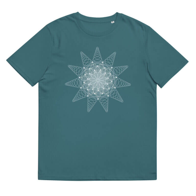 Teal t-shirt featuring a geometric star design in white, perfect for casual wear and graphic enthusiasts.
