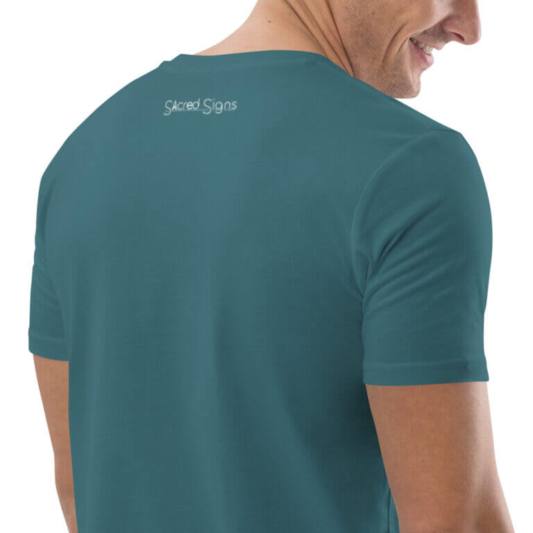 Men's teal t-shirt featuring Sacred Signs logo on the back, showcasing a comfortable fit and modern design for casual wear.