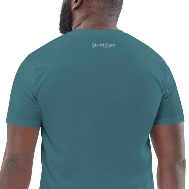 Men's teal t-shirt featuring Sacred Signs logo on the back, ideal for casual wear and comfortable style.