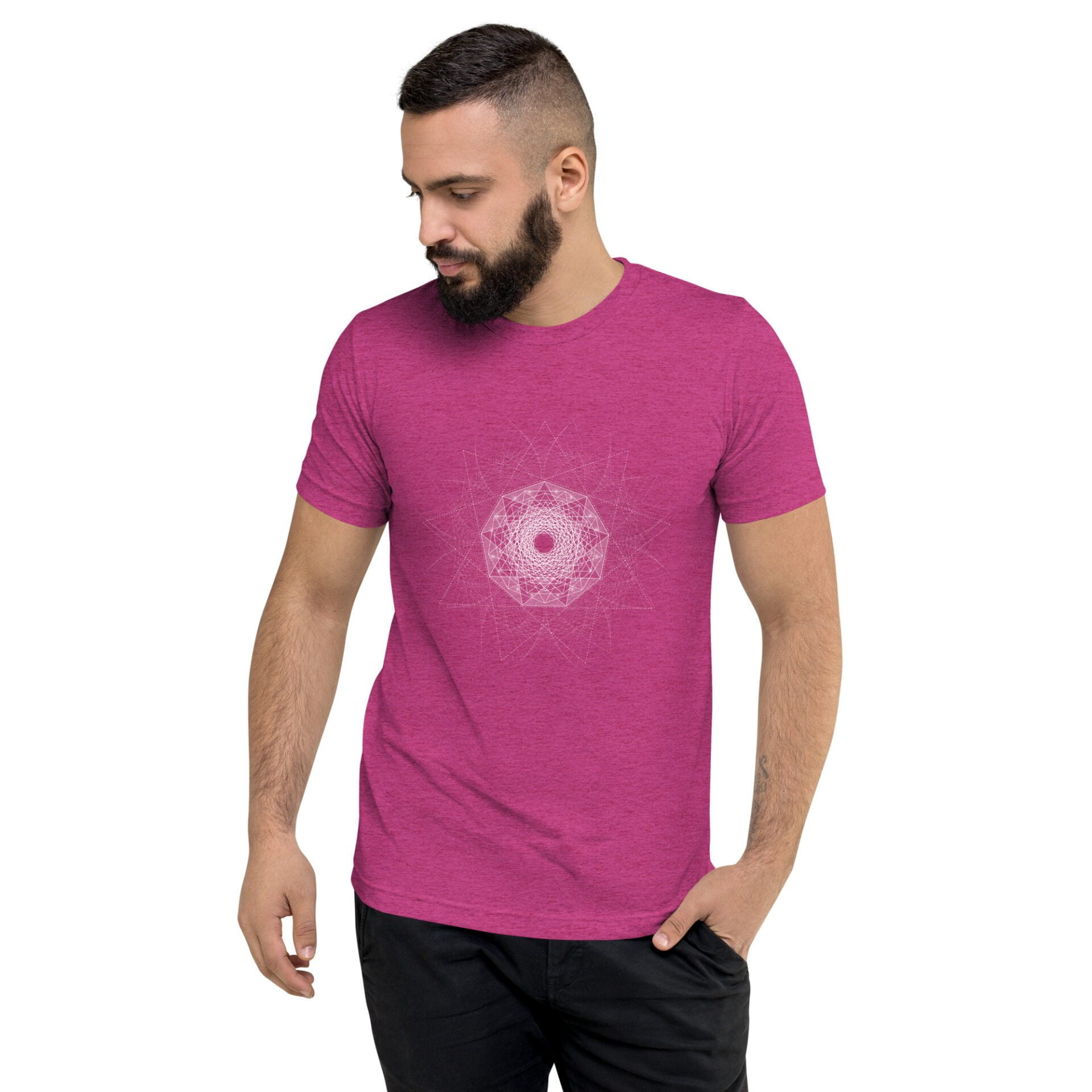 Men's pink t-shirt featuring a geometric design at the center, suitable for casual wear and fashion enthusiasts.
