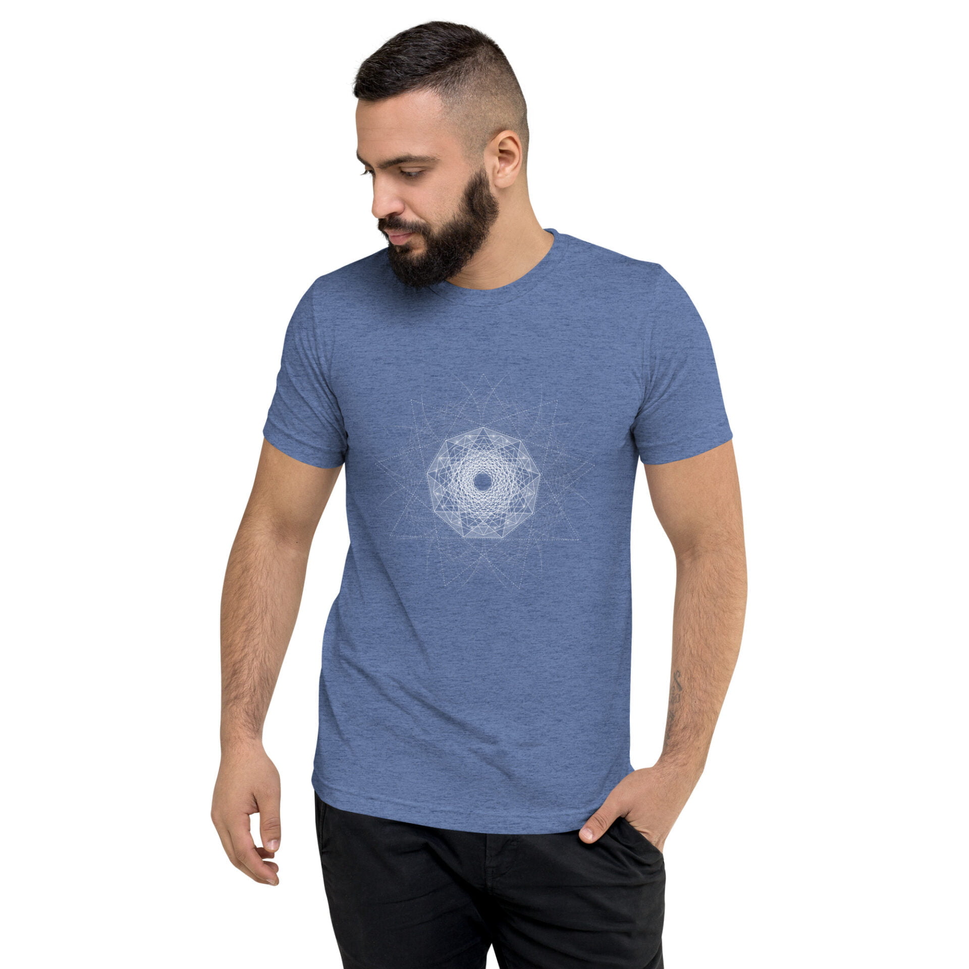Men's blue t-shirt featuring a geometric design in the center, suitable for casual wear and graphic tee collections.