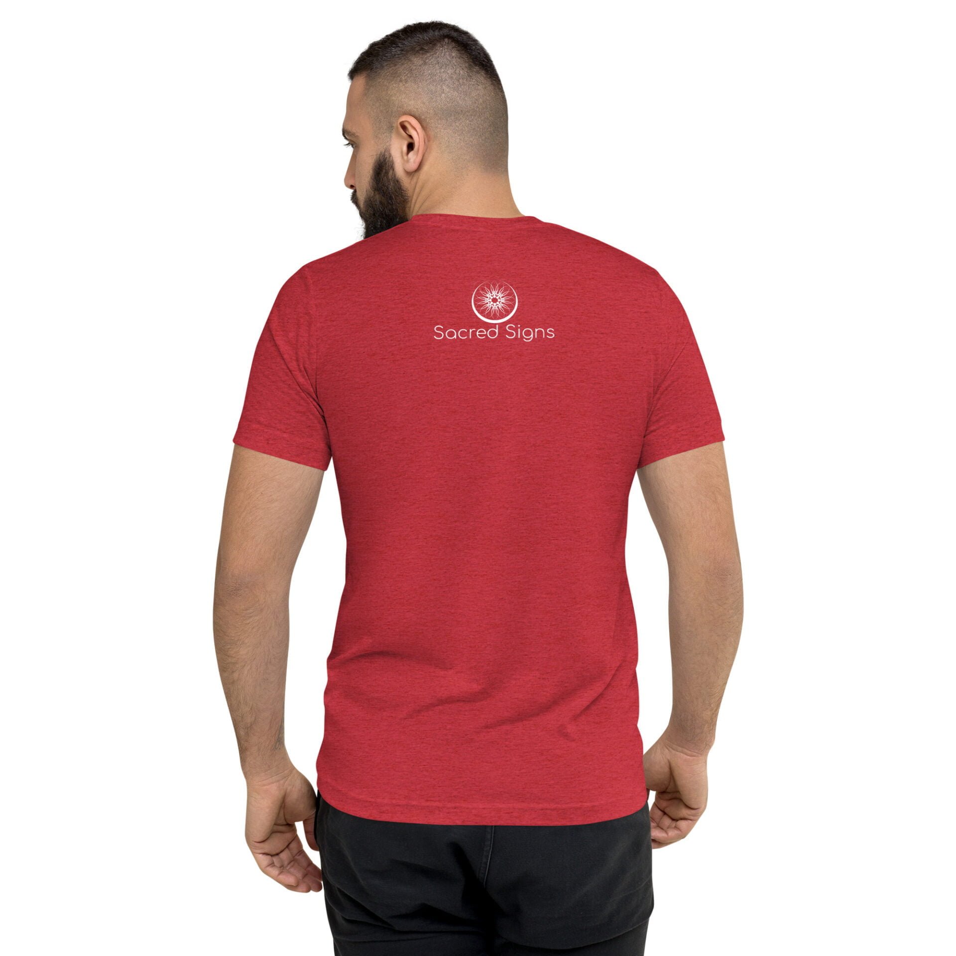 Men's red t-shirt featuring Sacred Signs logo on the back, made from soft fabric for comfort and style.