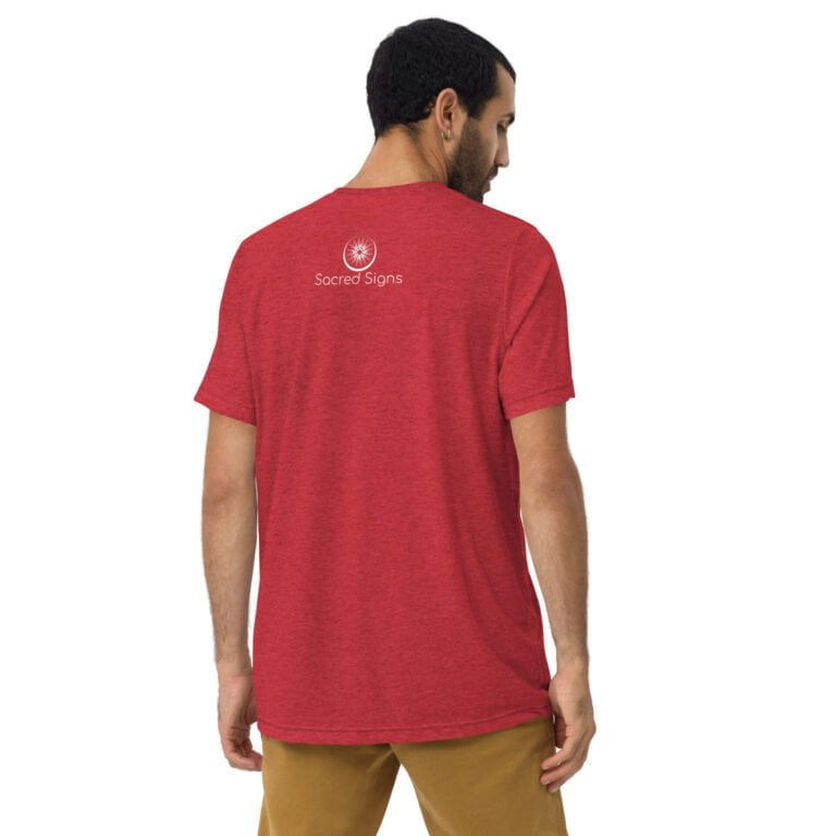 Men's red t-shirt featuring Sacred Signs logo on the back, made from soft fabric for comfort and style.