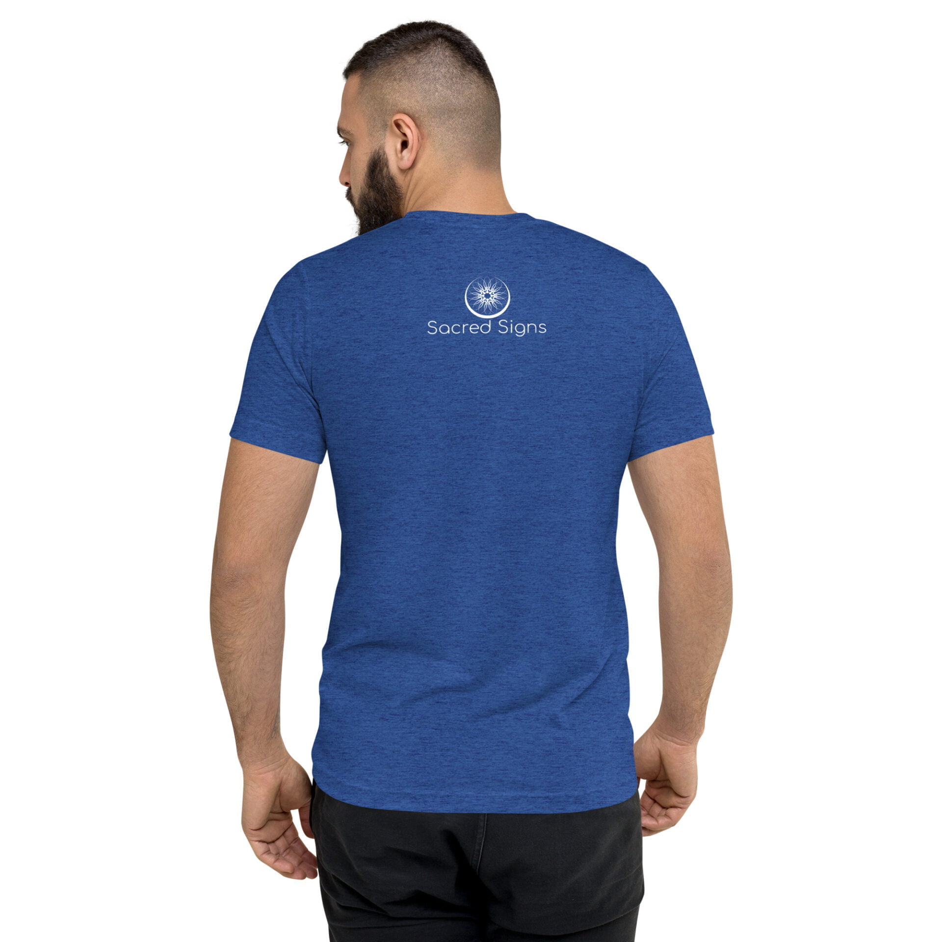 Men's blue t-shirt featuring Sacred Signs logo on the back, made from soft fabric for comfort and style.