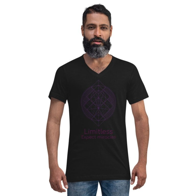 Black V-neck t-shirt featuring a geometric design and the text 'Limitless Expect Miracles' in purple and pink.