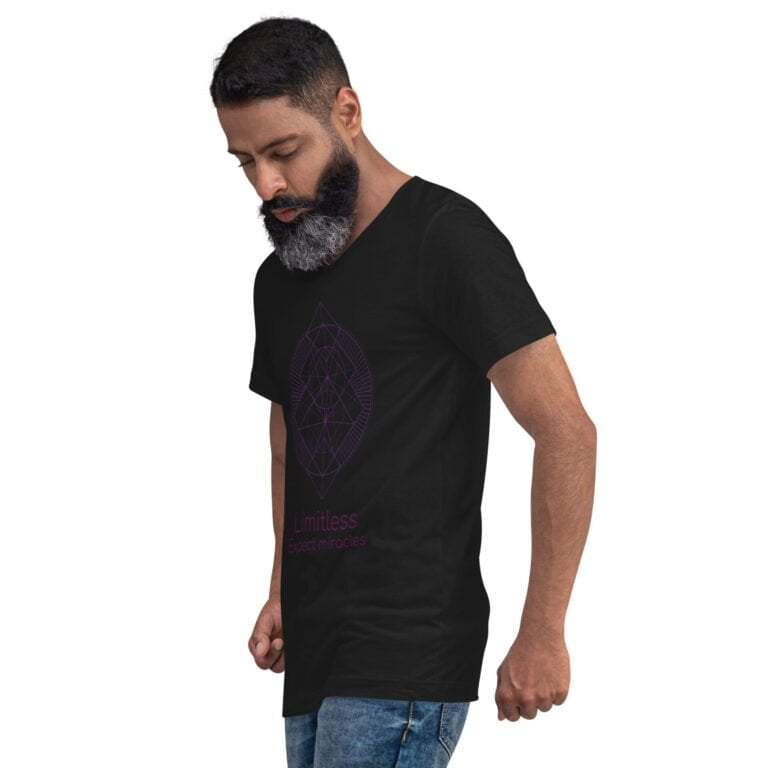 Black t-shirt for men featuring a geometric design and the text 'Limitless Expect Miracles' in purple.