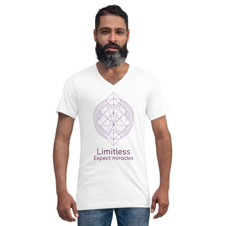 White V-neck t-shirt featuring geometric design with 'Limitless Expect Miracles' text, suitable for casual wear.