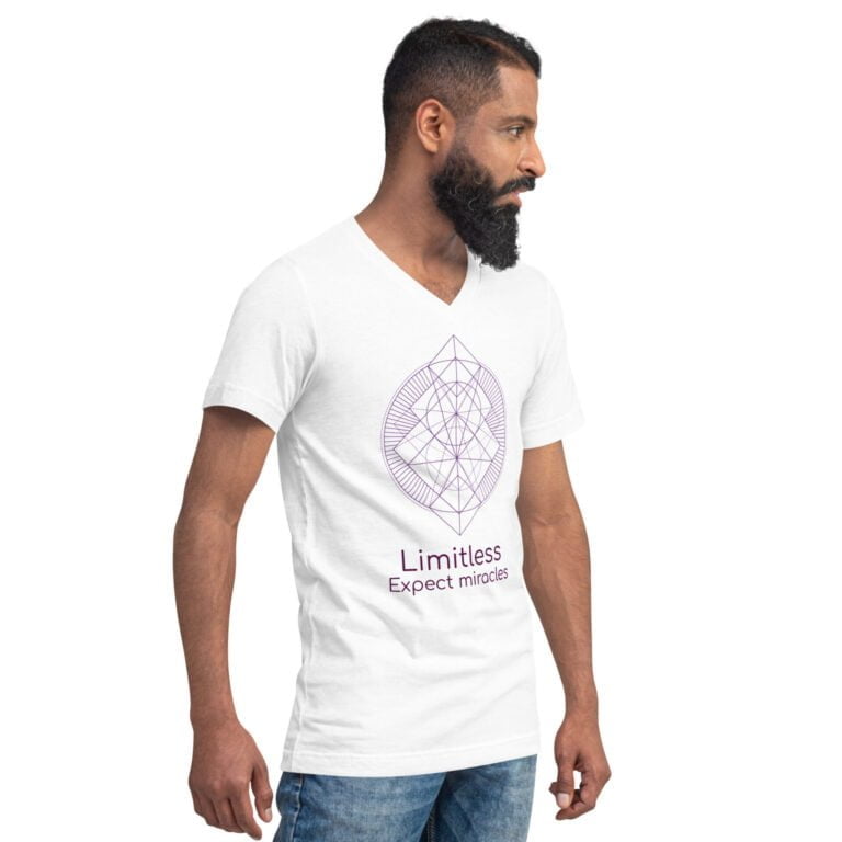 Men's white V-neck t-shirt featuring a geometric design with the text 'Limitless Expect Miracles'. Comfortable and stylish apparel.