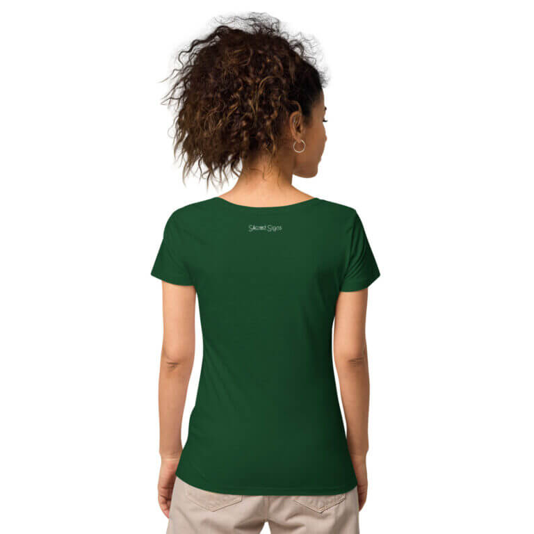 Back view of a green women's t-shirt featuring a round neckline and short sleeves, showcasing a comfortable fit and soft fabric.