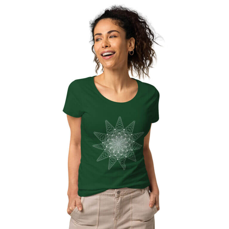 Women's green t-shirt featuring a geometric mandala design in white, perfect for casual wear and stylish outfits.