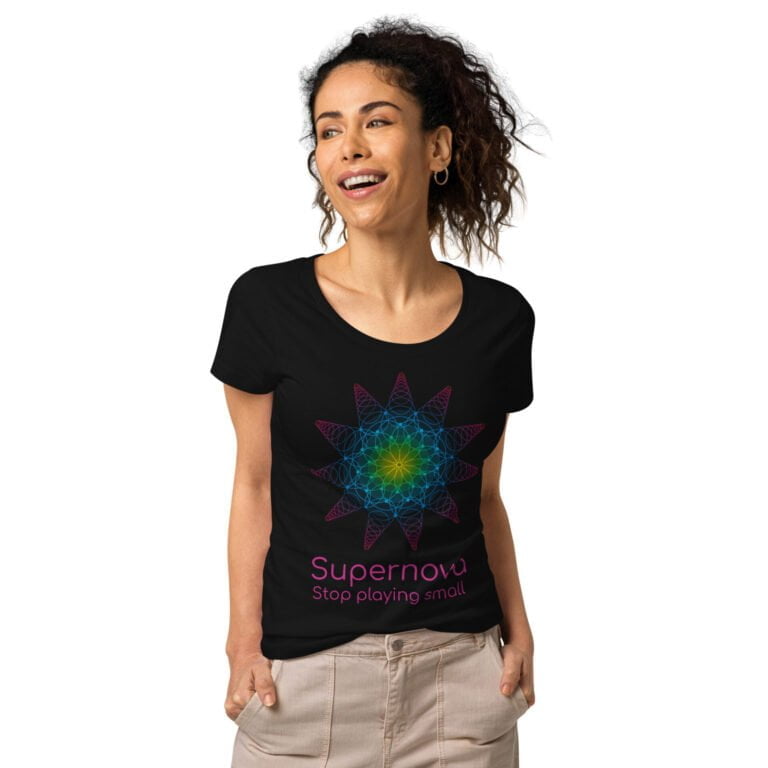 Black women's t-shirt featuring a colorful geometric design with the text 'Supernova Stop playing small'. Stylish and comfortable.