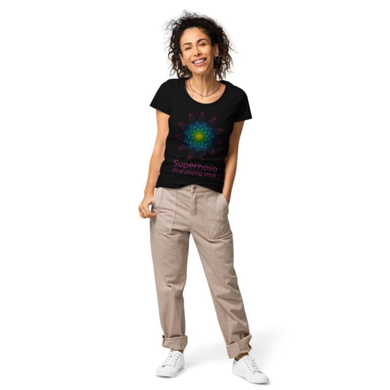 Black women's t-shirt featuring a colorful Supernova graphic design, promoting a positive message with a stylish look.