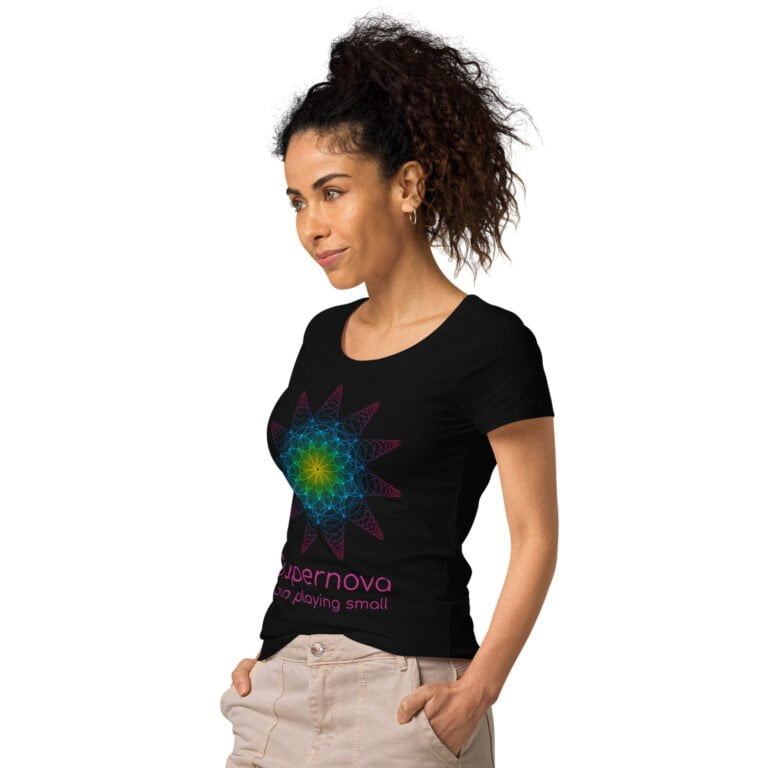 Women's black Supernova graphic t-shirt featuring a colorful geometric design and motivational text, perfect for casual wear.