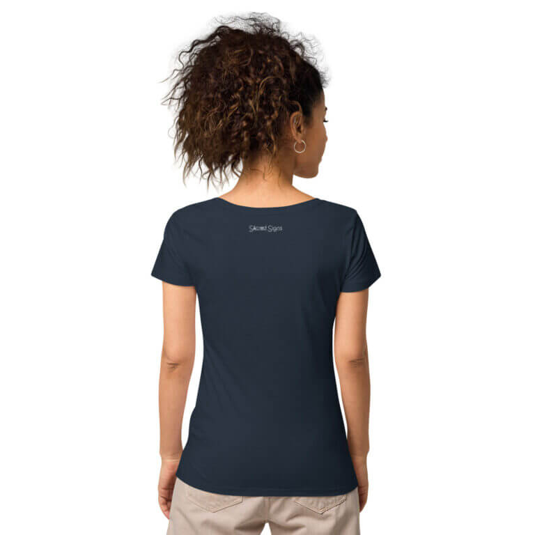Back view of a women's dark t-shirt featuring a logo, showcasing a casual and stylish design suitable for everyday wear.