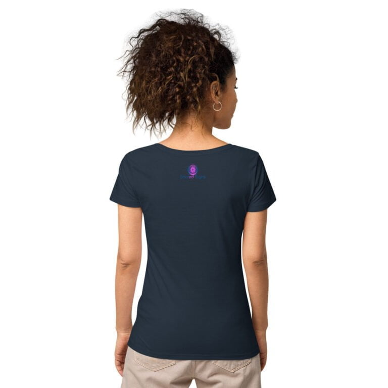 Dark women's t-shirt featuring a logo on the back, showcasing a modern design suitable for casual wear.