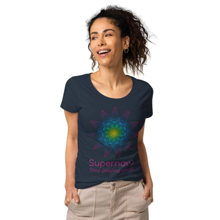 Women's Supernova graphic t-shirt featuring a colorful geometric design and motivational text, ideal for casual wear.