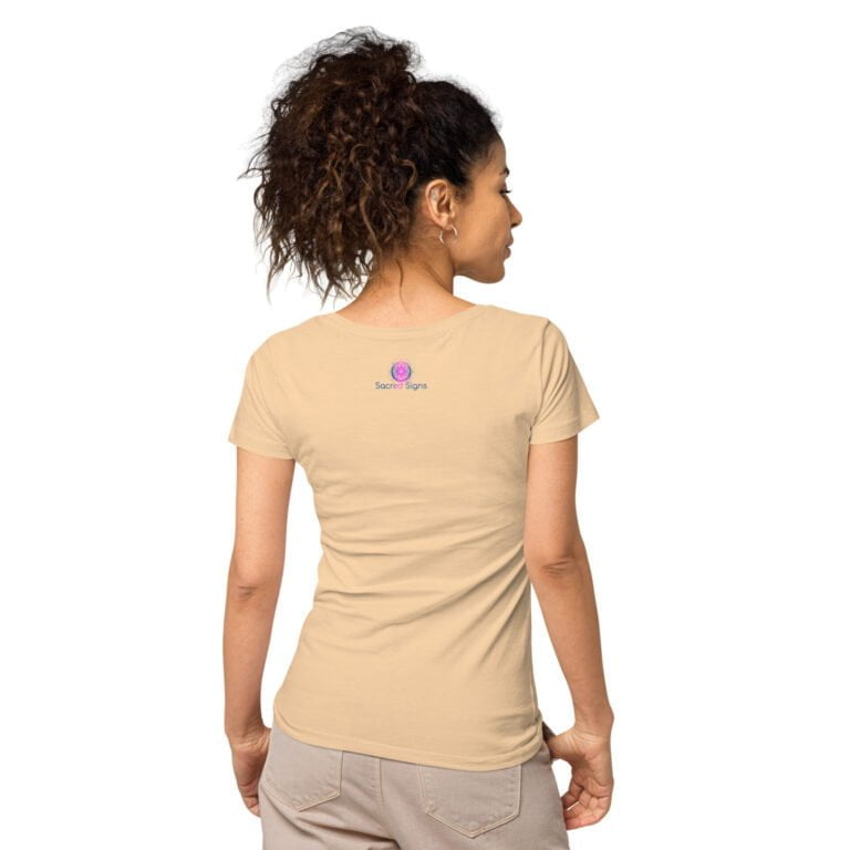 Back view of a beige Social Signs t-shirt worn by a woman, showcasing the logo on the upper back.