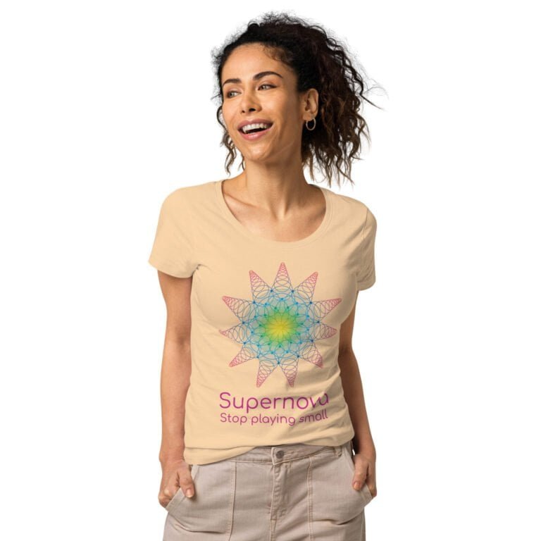 Women's Supernova graphic t-shirt featuring colorful geometric design and motivational text, ideal for casual wear.