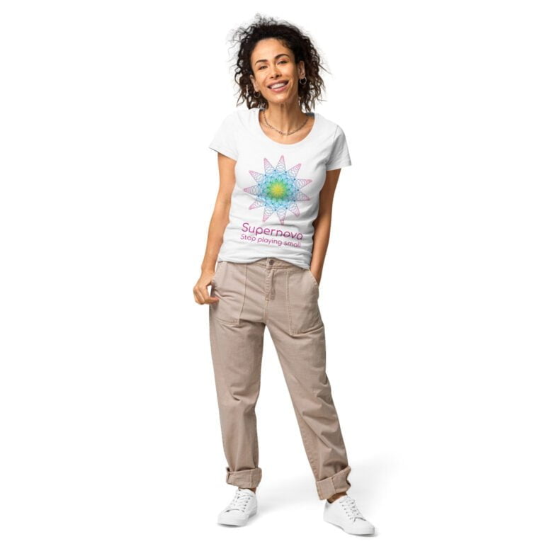 Women's Supernova graphic t-shirt featuring a colorful mandala design, paired with beige relaxed-fit pants.