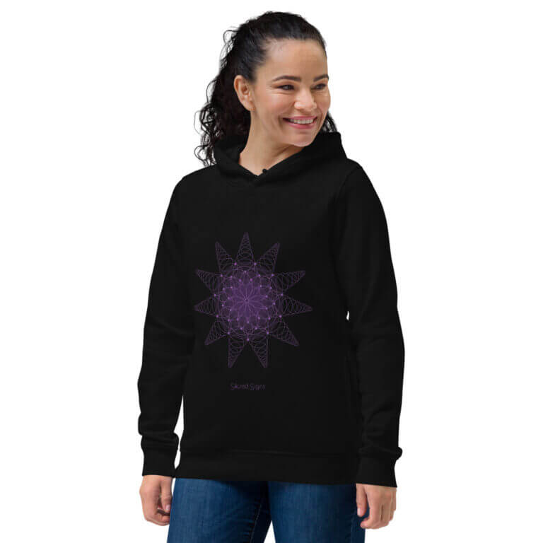 Black hoodie featuring a geometric purple design on the front, showcasing a unique and stylish look for casual wear.