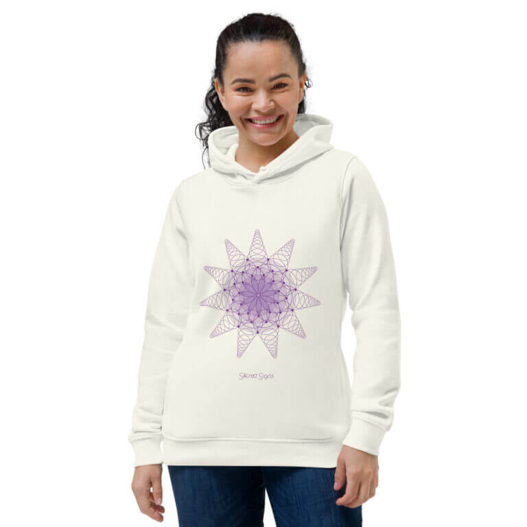 White hoodie featuring a purple geometric design with a star pattern, ideal for casual wear and fashion enthusiasts.