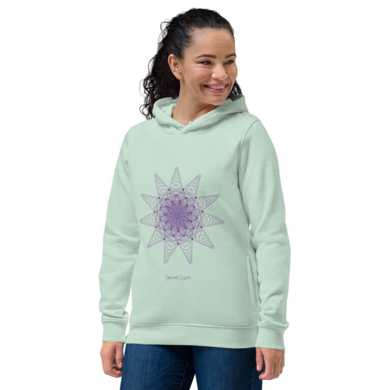 Light green hoodie featuring a geometric sacred signs design in purple, ideal for casual wear and spiritual expression.