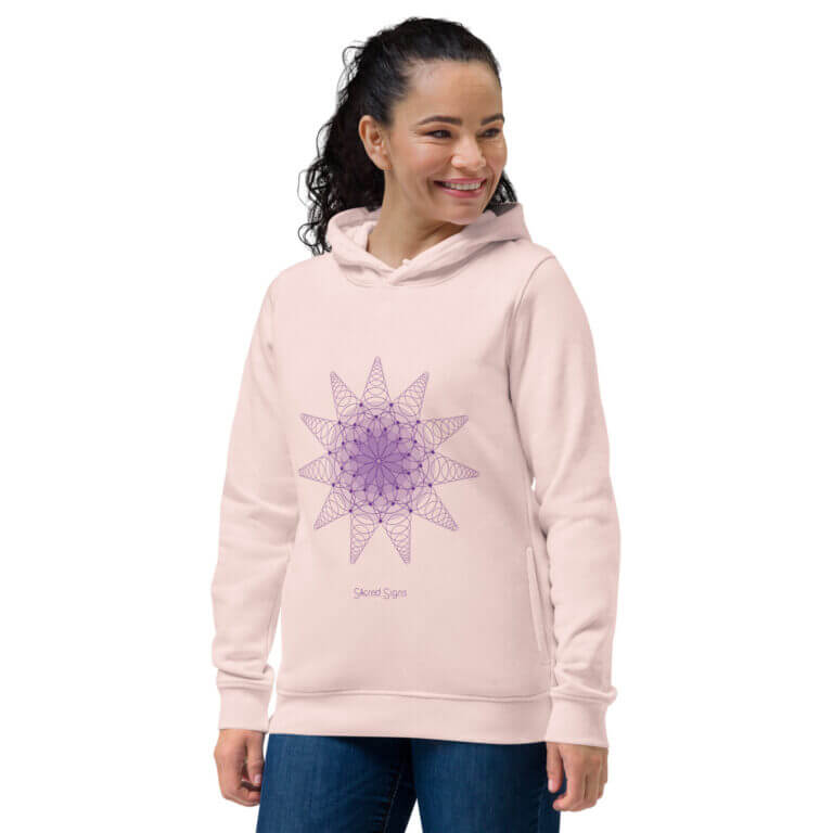 Light pink hoodie featuring a purple geometric sacred signs design, perfect for casual wear and spiritual expression.