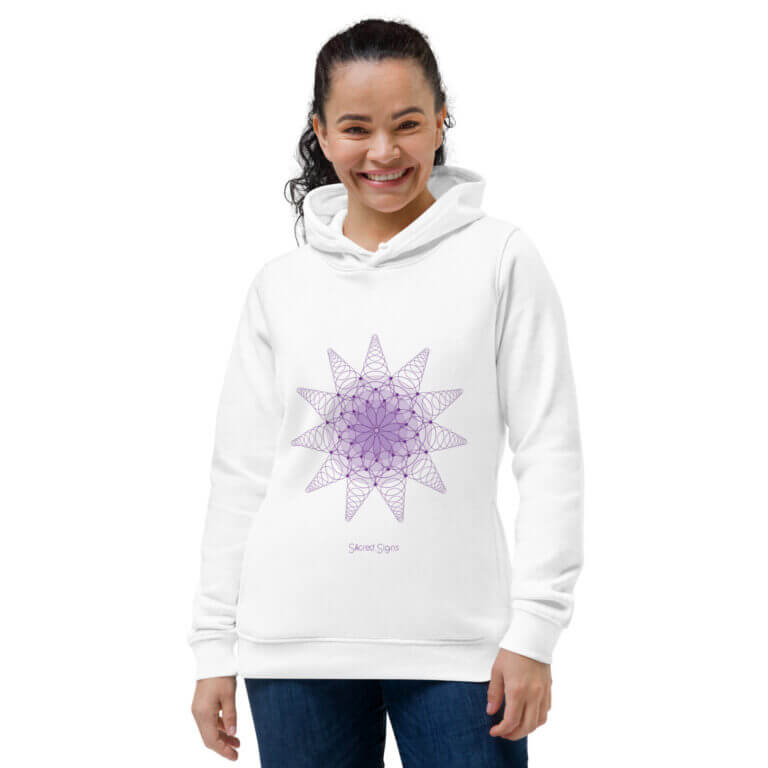 White hoodie featuring a purple geometric design on the front, ideal for casual wear and comfort.